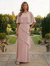 Chiffon Sheath Crew Neck Tiered Mother of the Bride Dresses with Caps