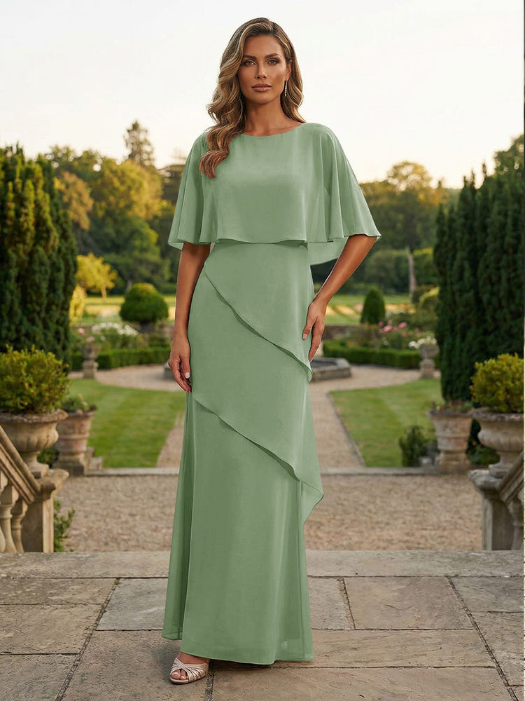 Chiffon Sheath Crew Neck Tiered Mother of the Bride Dresses with Caps