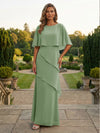 Chiffon Sheath Crew Neck Tiered Mother of the Bride Dresses with Caps