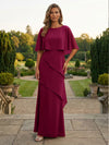 Chiffon Sheath Crew Neck Tiered Mother of the Bride Dresses with Caps