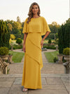Chiffon Sheath Crew Neck Tiered Mother of the Bride Dresses with Caps