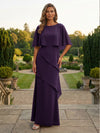 Chiffon Sheath Crew Neck Tiered Mother of the Bride Dresses with Caps