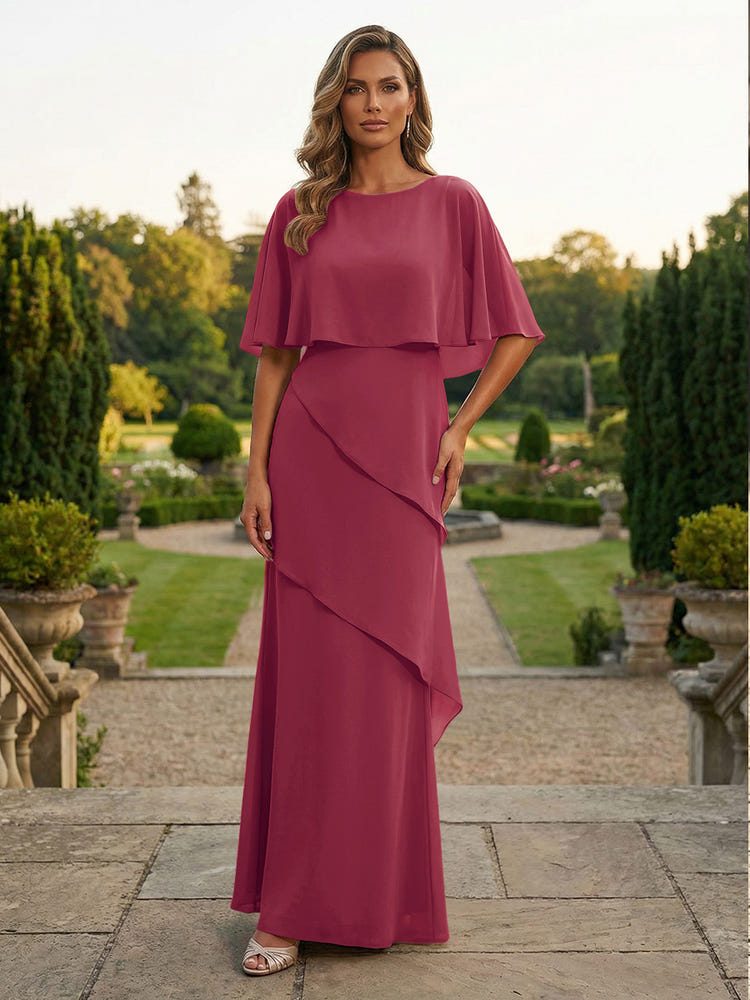 Chiffon Sheath Crew Neck Tiered Mother of the Bride Dresses with Caps