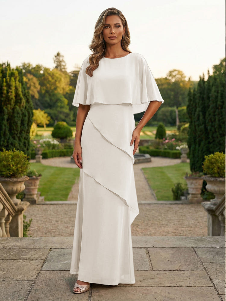 Chiffon Sheath Crew Neck Tiered Mother of the Bride Dresses with Caps