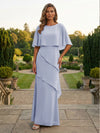 Chiffon Sheath Crew Neck Tiered Mother of the Bride Dresses with Caps