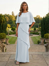 Chiffon Sheath Crew Neck Tiered Mother of the Bride Dresses with Caps
