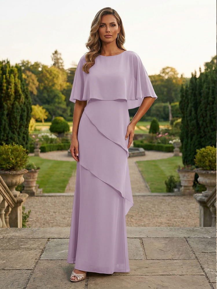Chiffon Sheath Crew Neck Tiered Mother of the Bride Dresses with Caps
