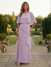 Chiffon Sheath Crew Neck Tiered Mother of the Bride Dresses with Caps