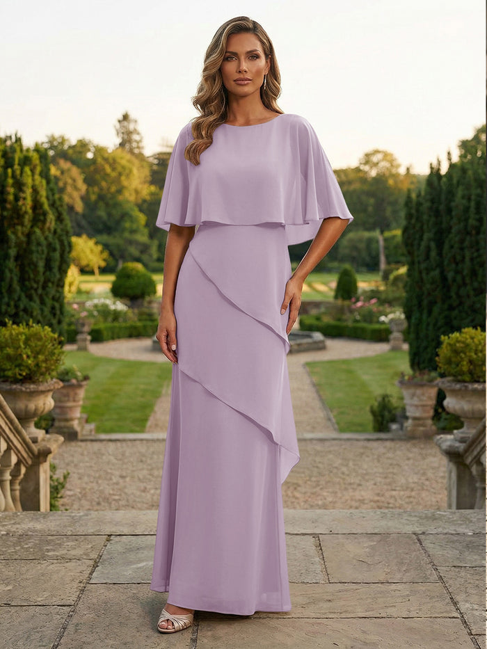 Chiffon Sheath Crew Neck Tiered Mother of the Bride Dresses with Caps