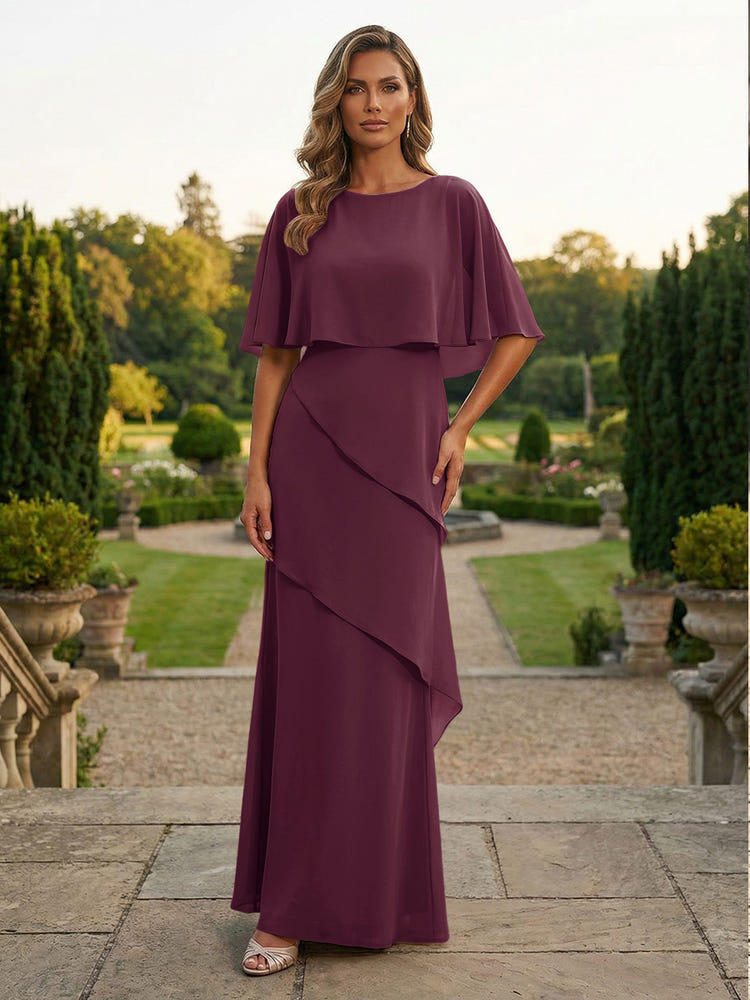 Chiffon Sheath Crew Neck Tiered Mother of the Bride Dresses with Caps
