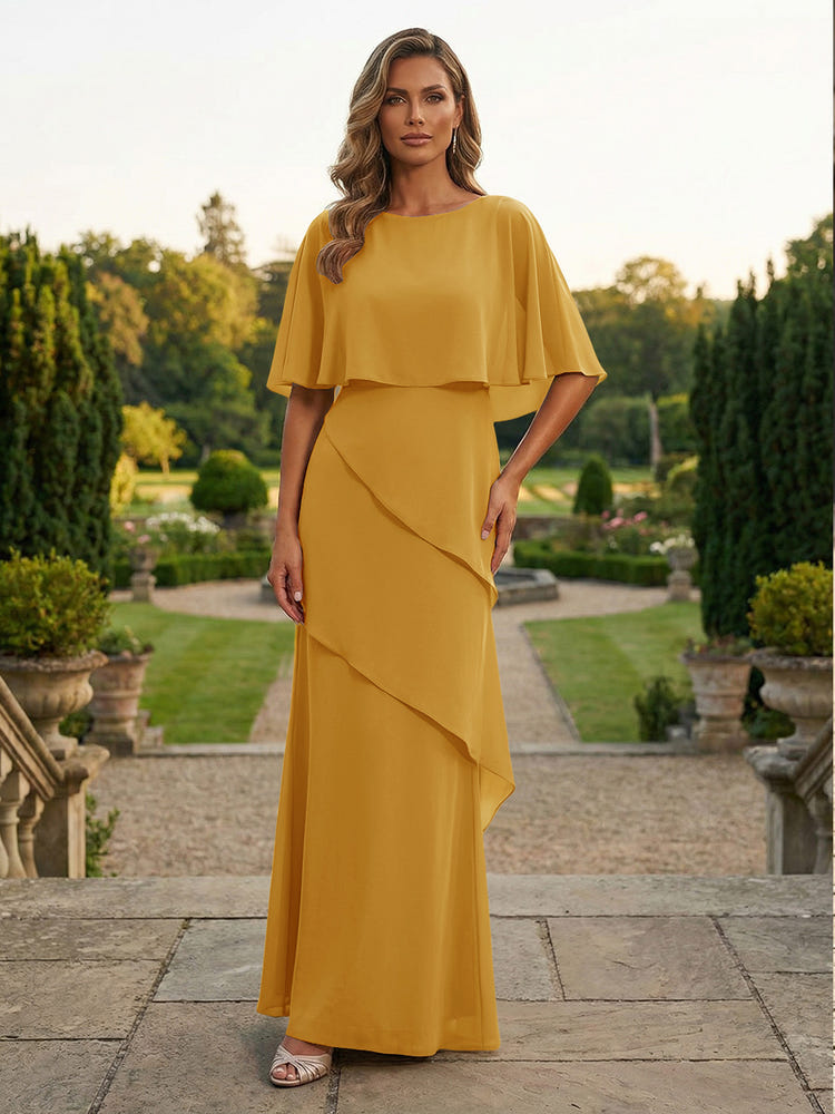 Chiffon Sheath Crew Neck Tiered Mother of the Bride Dresses with Caps