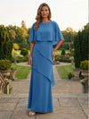 Chiffon Sheath Crew Neck Tiered Mother of the Bride Dresses with Caps