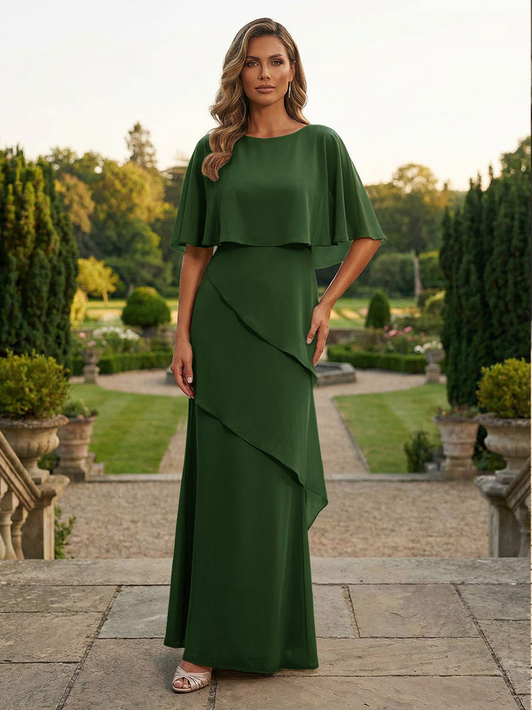 Chiffon Sheath Crew Neck Tiered Mother of the Bride Dresses with Caps