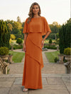 Chiffon Sheath Crew Neck Tiered Mother of the Bride Dresses with Caps