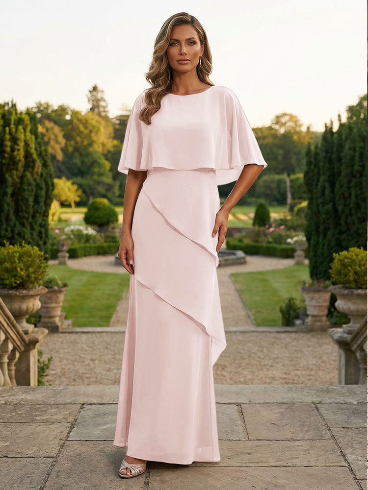 Chiffon Sheath Crew Neck Tiered Mother of the Bride Dresses with Caps