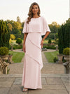 Chiffon Sheath Crew Neck Tiered Mother of the Bride Dresses with Caps