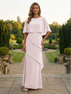 Chiffon Sheath Crew Neck Tiered Mother of the Bride Dresses with Caps