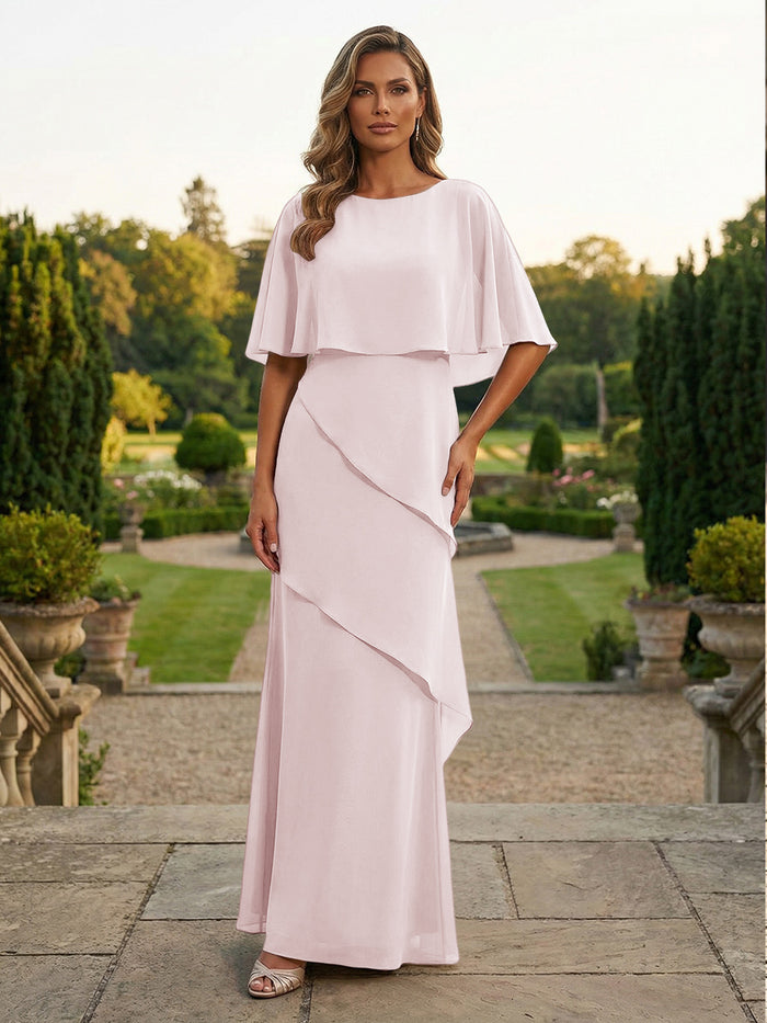 Chiffon Sheath Crew Neck Tiered Mother of the Bride Dresses with Caps