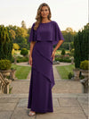 Chiffon Sheath Crew Neck Tiered Mother of the Bride Dresses with Caps