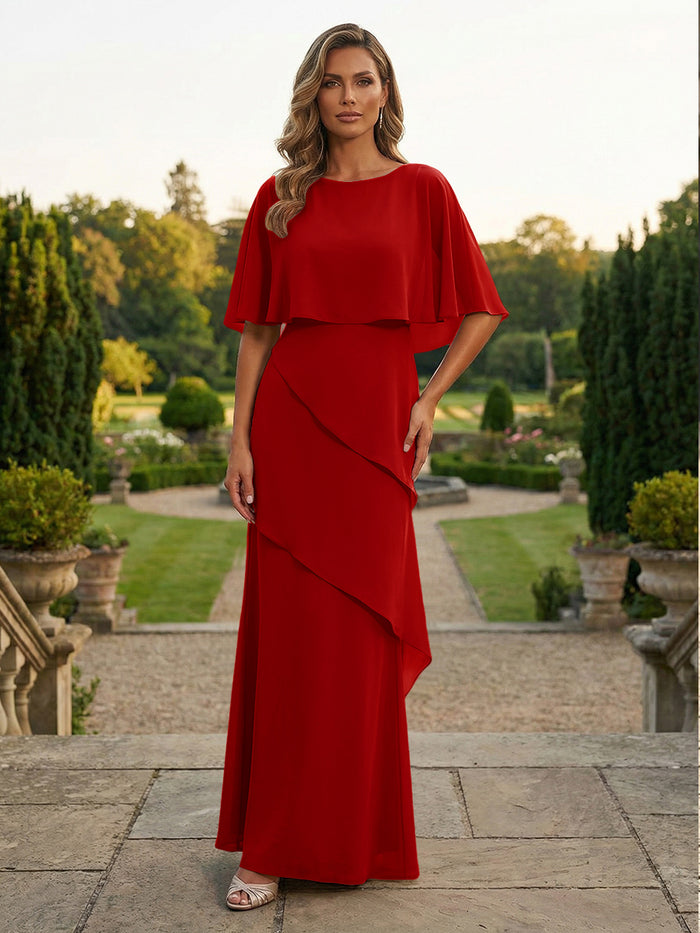 Chiffon Sheath Crew Neck Tiered Mother of the Bride Dresses with Caps