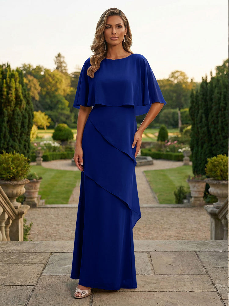 Chiffon Sheath Crew Neck Tiered Mother of the Bride Dresses with Caps