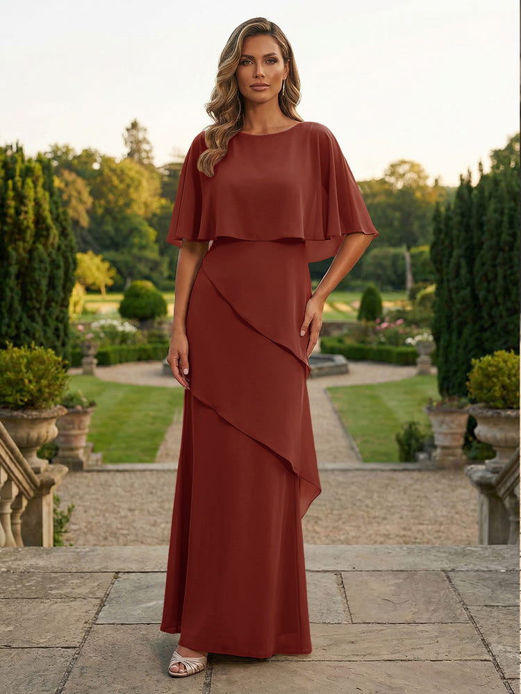 Chiffon Sheath Crew Neck Tiered Mother of the Bride Dresses with Caps