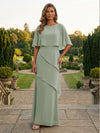 Chiffon Sheath Crew Neck Tiered Mother of the Bride Dresses with Caps
