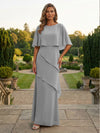 Chiffon Sheath Crew Neck Tiered Mother of the Bride Dresses with Caps
