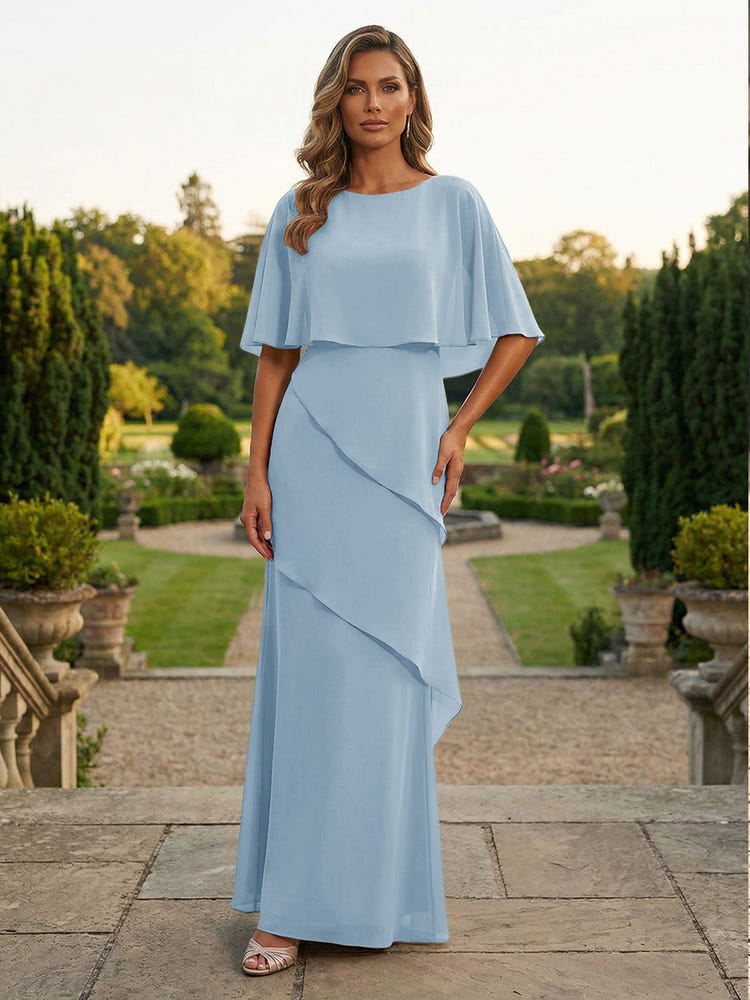 Chiffon Sheath Crew Neck Tiered Mother of the Bride Dresses with Caps