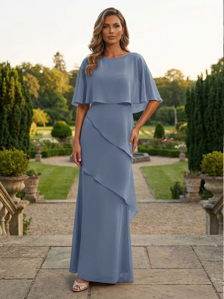 Chiffon Sheath Crew Neck Tiered Mother of the Bride Dresses with Caps