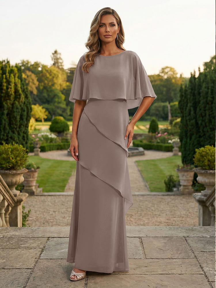 Chiffon Sheath Crew Neck Tiered Mother of the Bride Dresses with Caps