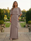 Chiffon Sheath Crew Neck Tiered Mother of the Bride Dresses with Caps