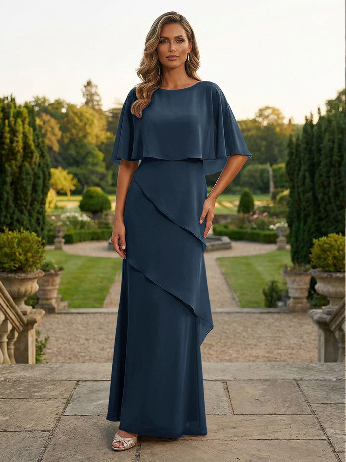 Chiffon Sheath Crew Neck Tiered Mother of the Bride Dresses with Caps