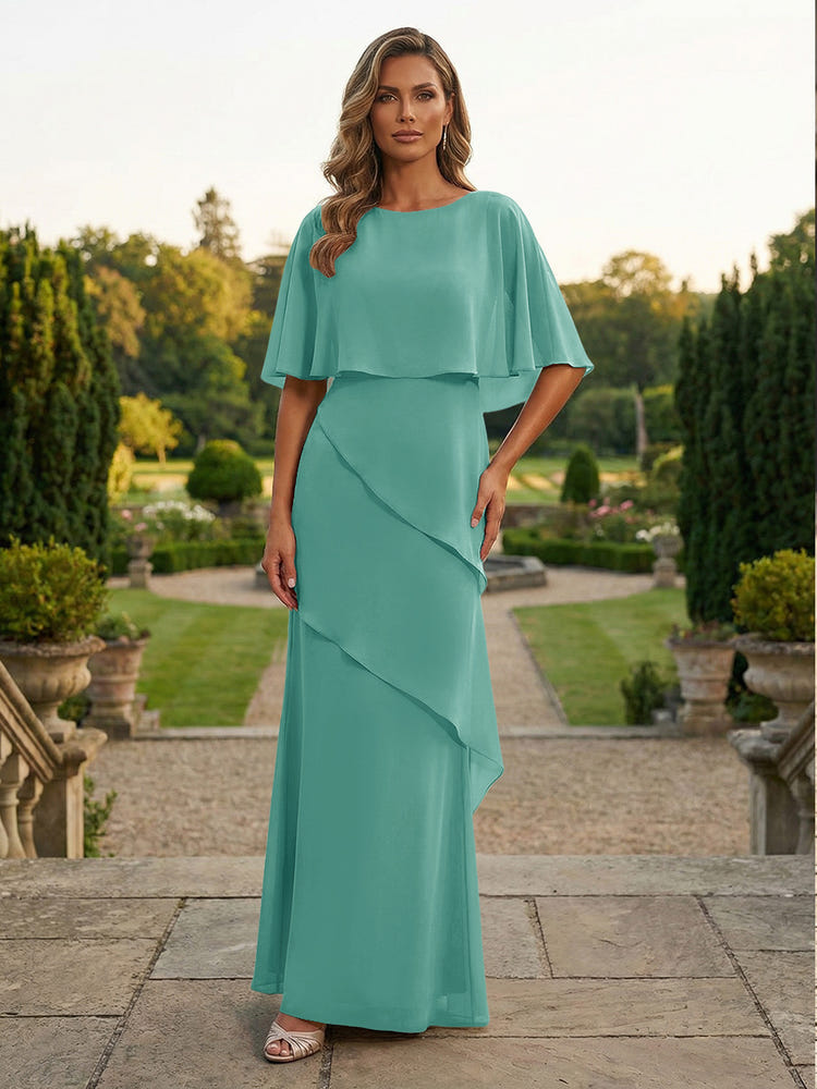 Chiffon Sheath Crew Neck Tiered Mother of the Bride Dresses with Caps