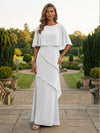Chiffon Sheath Crew Neck Tiered Mother of the Bride Dresses with Caps