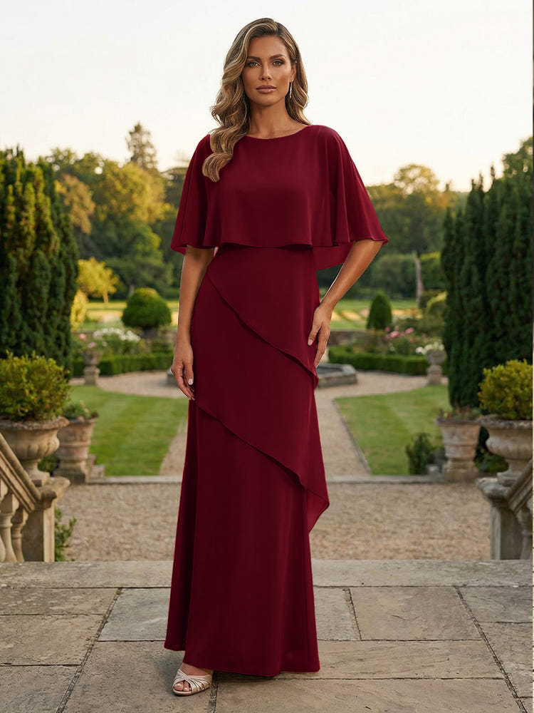 Chiffon Sheath Crew Neck Tiered Mother of the Bride Dresses with Caps