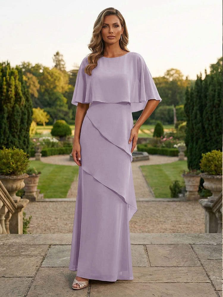 Chiffon Sheath Crew Neck Tiered Mother of the Bride Dresses with Caps