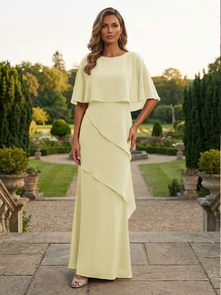 Chiffon Sheath Crew Neck Tiered Mother of the Bride Dresses with Caps