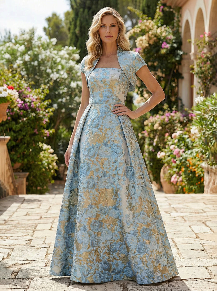 Satin Jacquard A-Line Pleated Mother of the Bride Dresses with Cape