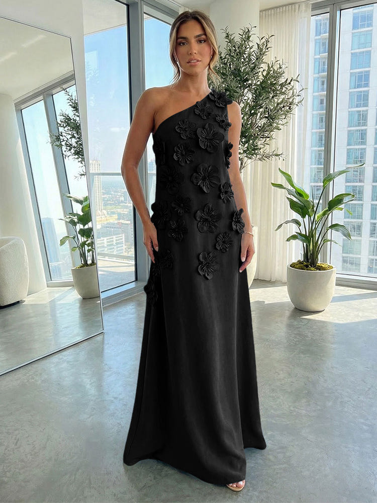 Jersey A-Line One Shoulder 3D Flowers Formal Dresses