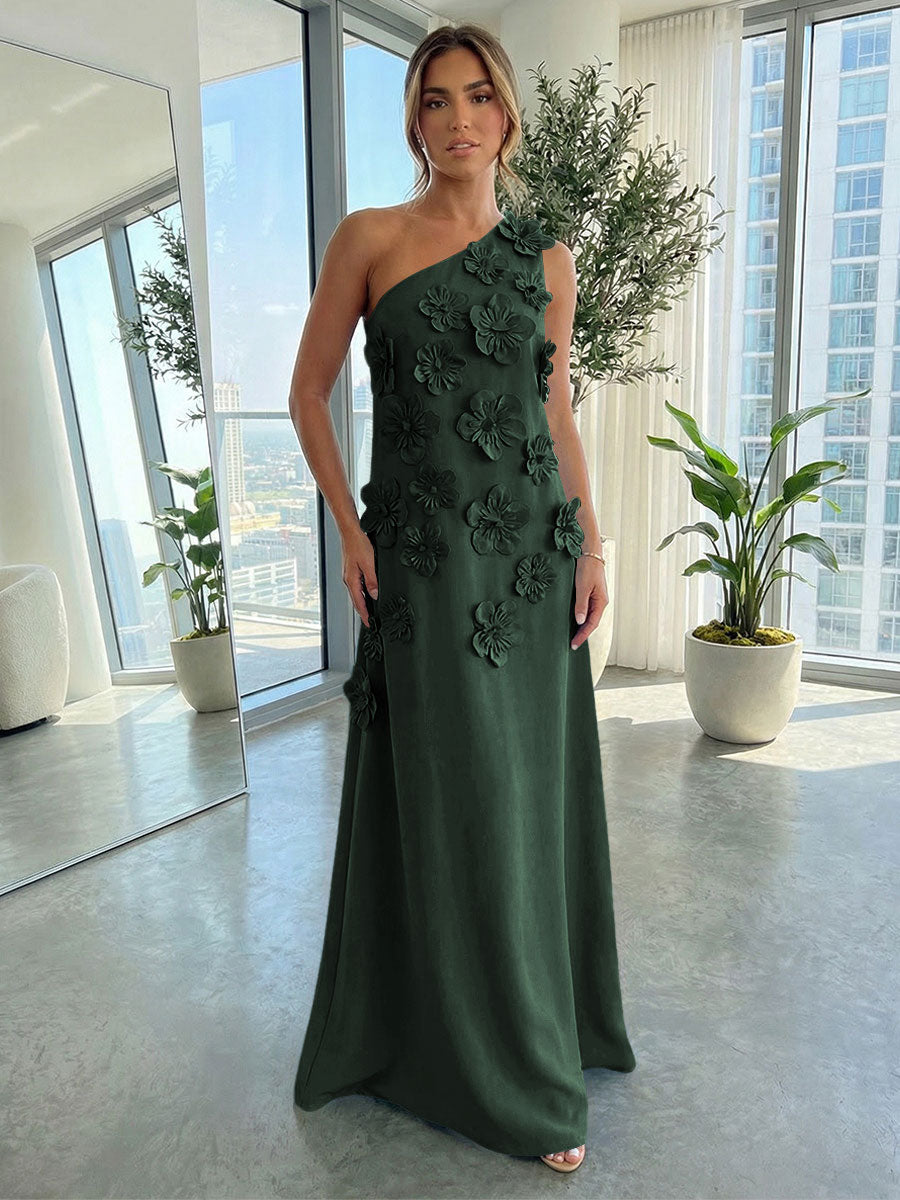 Jersey A-Line One Shoulder 3D Flowers Formal Dresses