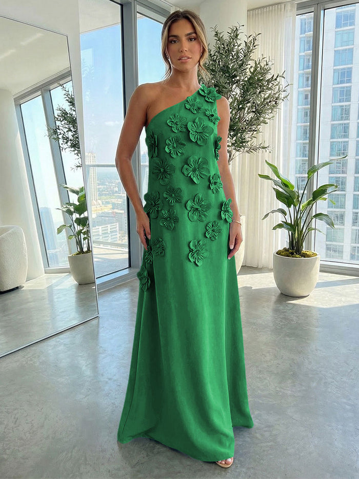 Jersey A-Line One Shoulder 3D Flowers Formal Tent/ Trapeze Dresses