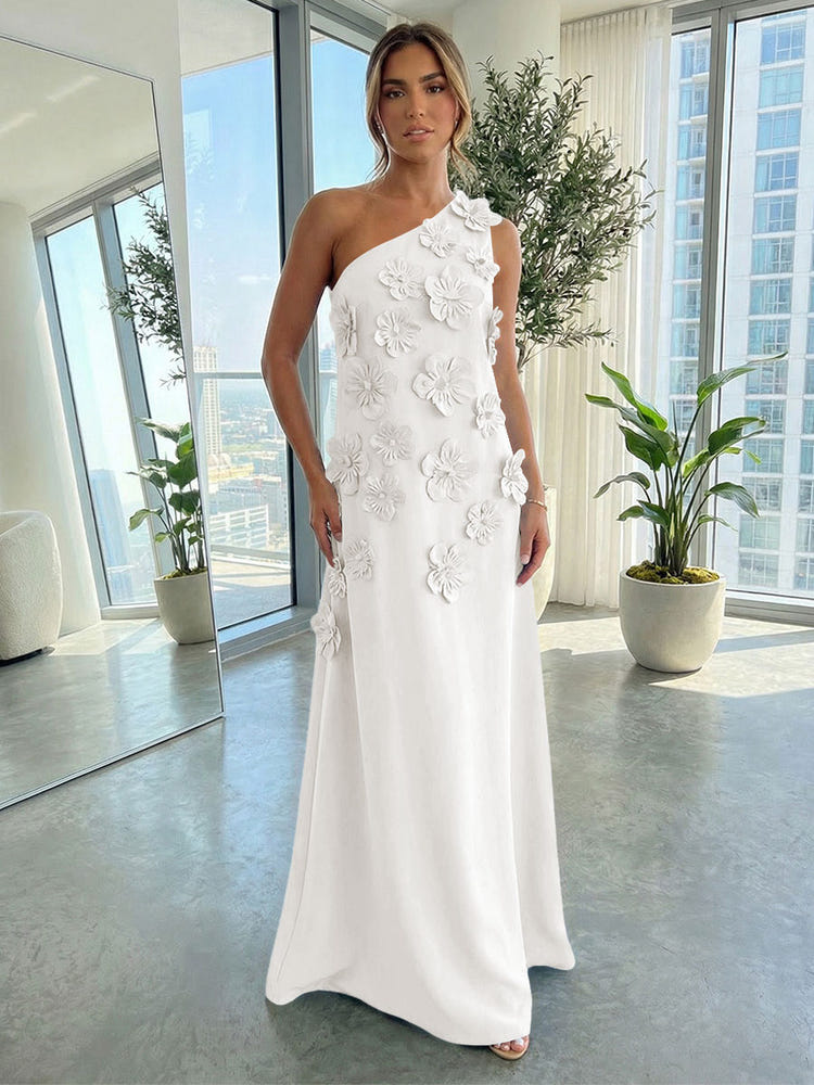 Jersey A-Line One Shoulder 3D Flowers Formal Dresses