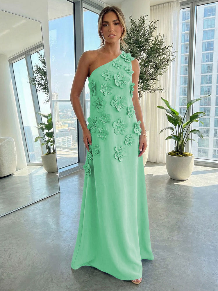 Jersey A-Line One Shoulder 3D Flowers Formal Dresses