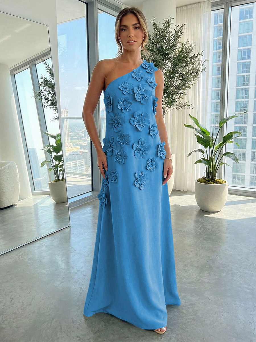 Jersey A-Line One Shoulder 3D Flowers Formal Dresses
