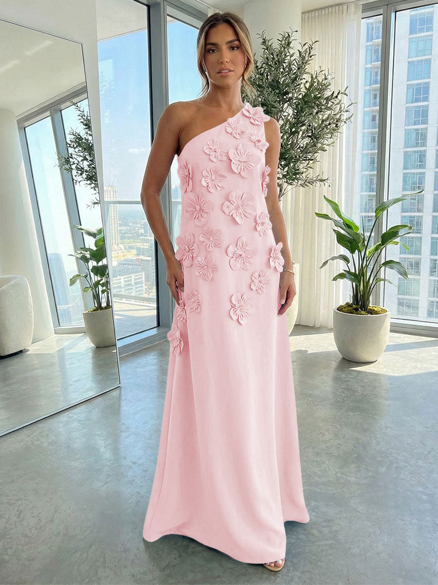 Jersey A-Line One Shoulder 3D Flowers Formal Dresses