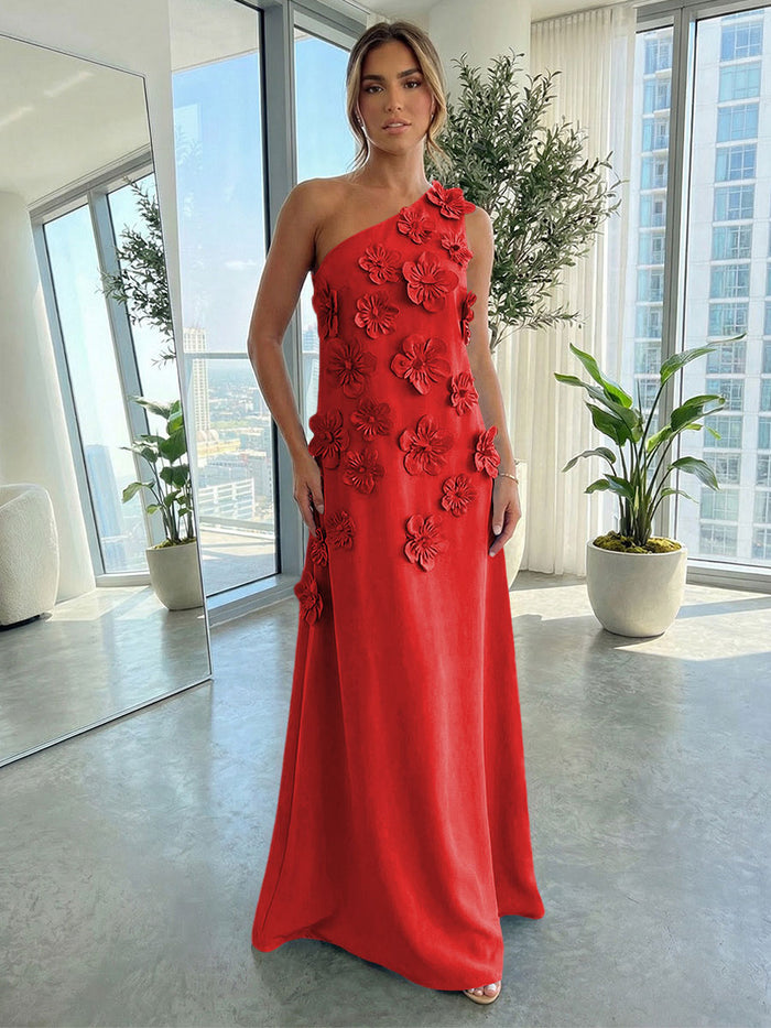 Jersey A-Line One Shoulder 3D Flowers Formal Tent/ Trapeze Dresses