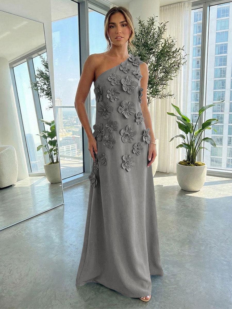 Jersey A-Line One Shoulder 3D Flowers Formal Dresses