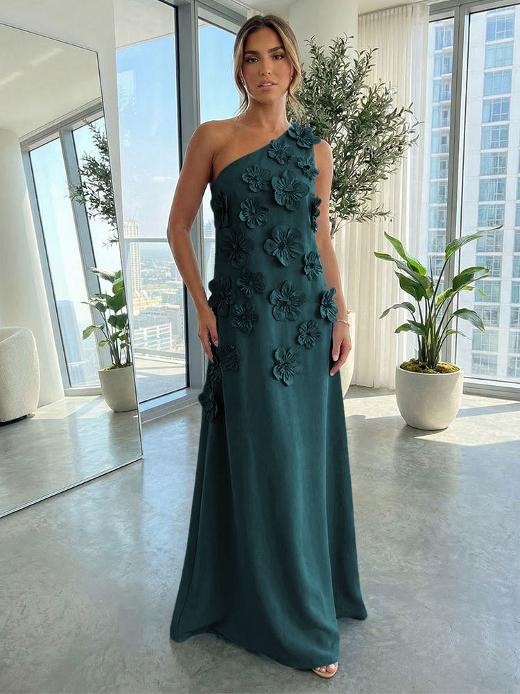 Jersey A-Line One Shoulder 3D Flowers Formal Dresses