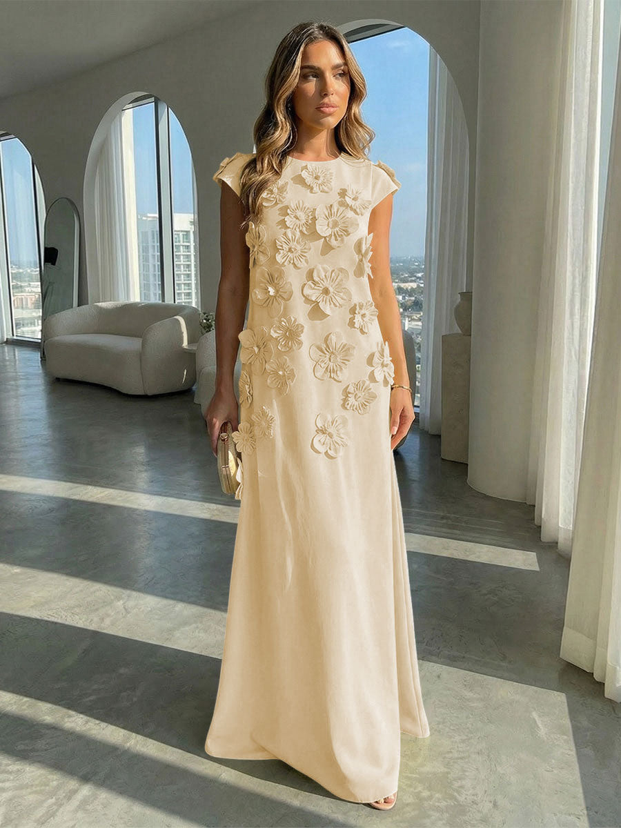 Jersey A-Line Crew Neck 3D Flowers Formal Dresses